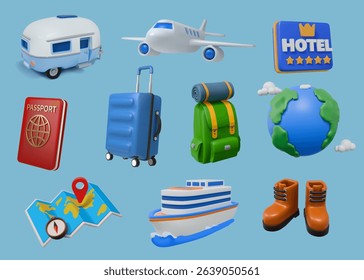 Collection of Travel Tourism 3d icon, Trip Planning World Tour. Holiday Vacation, Travel and Transport concept. Eps 10 Vector.