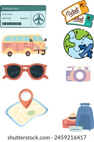 Collection of Travel Tourism  icon, Trip Planning World Tour. Holiday Vacation, Travel and Transport concept. Eps 10 Vector.