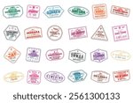 Collection of travel visa stamps for passports. Abstract stamps from international and immigration offices. Arrival and departure visa stamps for customs to the country. Vector