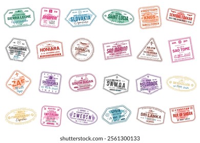 Collection of travel visa stamps for passports. Abstract stamps from international and immigration offices. Arrival and departure visa stamps for customs to the country. Vector