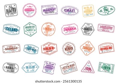 Collection of travel visa stamps for passports. Abstract stamps from international and immigration offices. Arrival and departure visa stamps for customs to the country. Vector