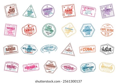 Collection of travel visa stamps for passports. Abstract stamps from international and immigration offices. Arrival and departure visa stamps for customs to the country. Vector