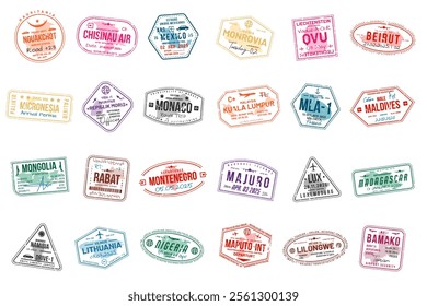 Collection of travel visa stamps for passports. Abstract stamps from international and immigration offices. Arrival and departure visa stamps for customs to the country. Vector