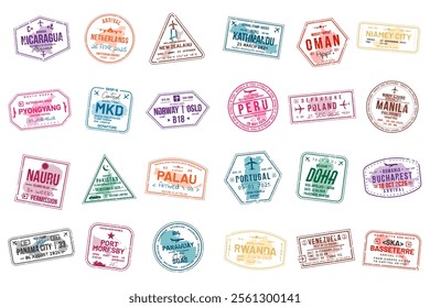 Collection of travel visa stamps for passports. Abstract stamps from international and immigration offices. Arrival and departure visa stamps for customs to the country. Vector