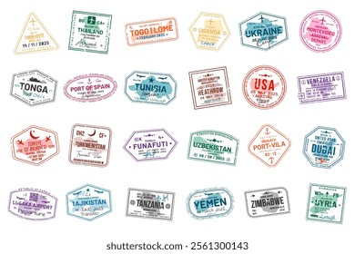 Collection of travel visa stamps for passports. Abstract stamps from international and immigration offices. Arrival and departure visa stamps for customs to the country. Vector