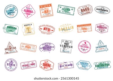 Collection of travel visa stamps for passports. Abstract stamps from international and immigration offices. Arrival and departure visa stamps for customs to the country. Vector