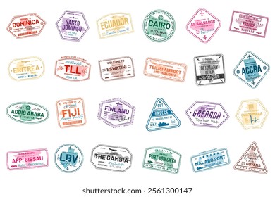 Collection of travel visa stamps for passports. Abstract stamps from international and immigration offices. Arrival and departure visa stamps for customs to the country. Vector