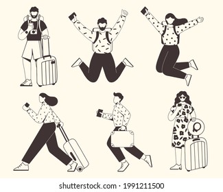 Collection of traveling people. Men and women traveling with suitcases and backpacks. The concept of summer vacation, recreation and tourism. Flat vector illustration. Sketch design.
