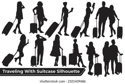 Collection of Traveling With Suitcase Silhouette vector