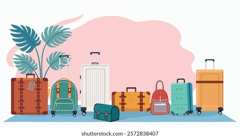 Collection of traveling suitcases, and backpack and bags. Different plastic, metal and leather luggage vector flat illustration. Various travel suitcase, business bags and backpack In Flat Style.