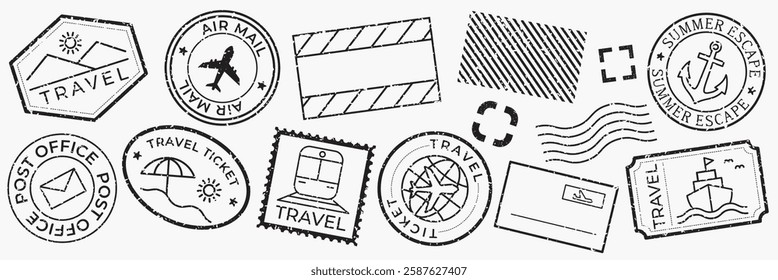 Collection of travel-themed stamps featuring airplanes, ships, and travel tickets. Perfect for travel lovers, travel-themed projects, and travel enthusiasts. Black travel stamps, vector set.