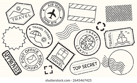 Collection of travel-themed stamps featuring airplanes, ships, and travel tickets. Includes designs like 'approved' and 'top secret' stamps for travel enthusiasts. Black travel stamps, vector set.