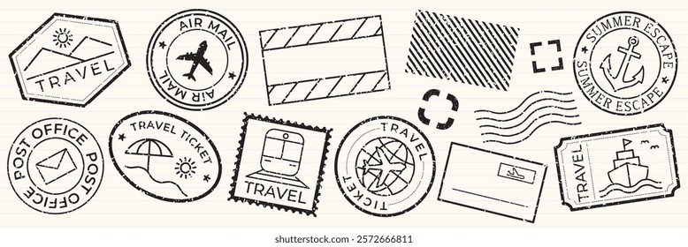 Collection of travel-themed stamps and icons, featuring travel, air mail, and post office designs. Includes travel tickets. Black travel stamps, vector set.