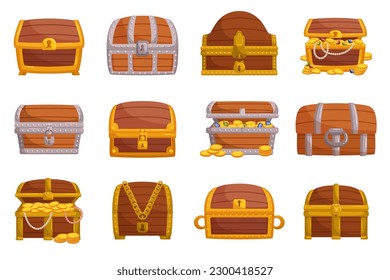 Collection Of Treasure Chests Made From Wood, And Metal. They Feature Intricate Designs, Locks, And Hinges. Ideal For Storing Valuables, Jewelry, Or As Decorative Pieces. Cartoon Vector Illustration