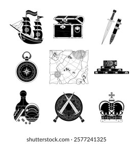 Collection of Treasure Map and Treasure Hunt Design Elements.monochrome style.