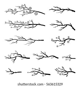 Collection of tree branches and blooming sakura twigs. Black silhouettes isolated on white background.