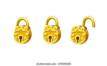 Collection of tree cartoon padlocks: open and closed. Game and app ui icons, decoration and design elements.
