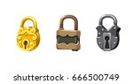 Collection of tree cartoon padlocks in various shapes and colores. Game and app ui icons, decoration and design elements.
