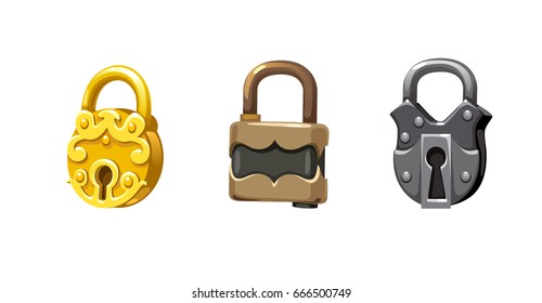 Collection of tree cartoon padlocks in various shapes and colores. Game and app ui icons, decoration and design elements.
