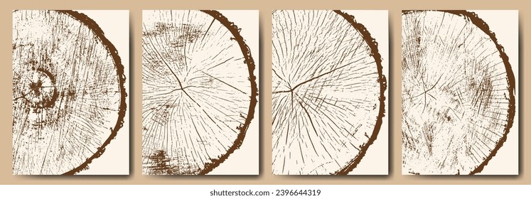 A collection of tree cross-sections. Ring pattern, growth layers of a tree trunk. Background for cover, magazine, poster, postcard, flyer. Vector image.