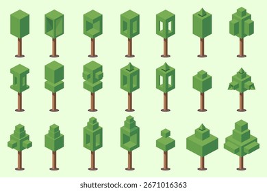 uma coleção de elementos de árvore feitos de blocos com formas 3D