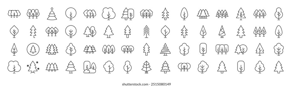 Collection of Tree and Forest Related Line Icons. Editable Stroke for Design, Web Sites, Apps, Cards. Contains Linear Images of Deciduous and Coniferous Trees