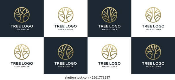 Collection of tree growth logo designs. Nature tree logo template made with lines and circles.