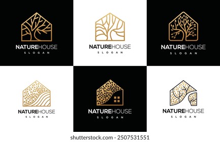 collection of tree house nature logo designs, tree at home concept. House logo made with lines	
