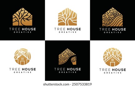 collection of tree house nature logo designs, tree with house concept.	