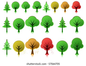 Collection of tree icons in different species, sizes and seasons