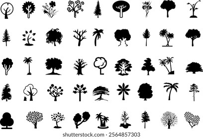 A collection of tree icons in various sizes and styles. Some are small and some are large. They are all black and white