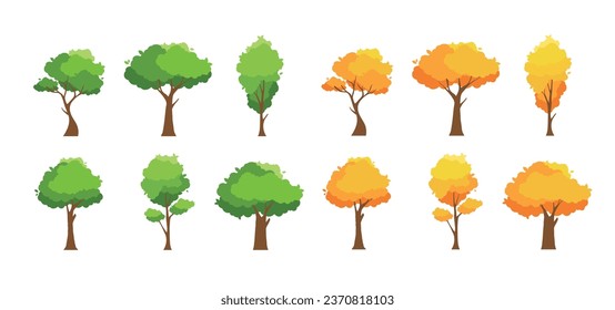 Collection of tree illustrations, nature or healthy lifestyle topic, greean, flat vector illustration.