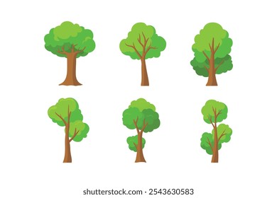 Collection of tree illustrations, nature or healthy lifestyle topics, green, flat vector illustrations.