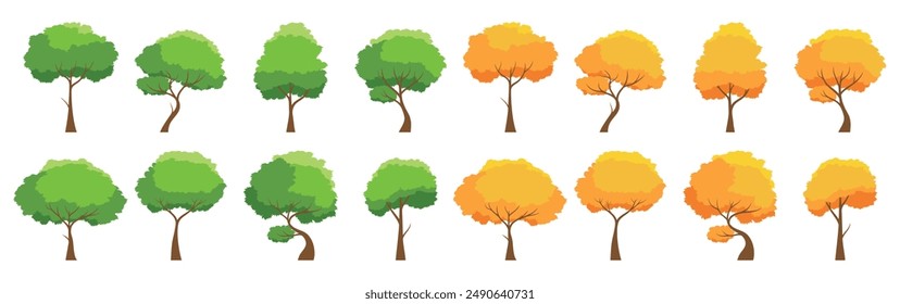 Colección de árbol aislado sobre un fondo blanco. Cada especie de árbol. Árboles que cambian de hojas verdes a naranjas. Temas de Naturaleza o estilo de vida saludable. Diseño plano de Ilustración vectorial