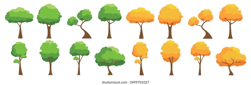 Colección de árbol aislado sobre un fondo blanco. Cada especie de árboles. Árboles que cambian de hojas verdes a naranjas. Naturaleza o temas de estilo de vida saludable. Diseño plano de Ilustración vectorial