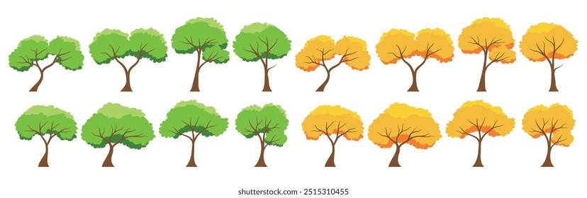 Collection of tree isolated on a white background. Each species of trees. Trees that change from green leaves to orange leaves. Nature or healthy lifestyle topics. Vector illustration flat design