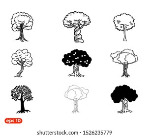 Collection of tree, leaf and roots, with silhouette and handrawing style, banyan, mangrove, acacia