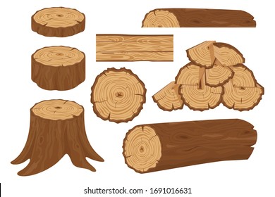 Collection of tree logs, planks, stump, twigs and trunks in cartoon flat style. Wood trunks. Stacked lumber material, trunk twig and firewood logging twigs. Tree stump, old wooden plank or timber log