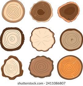 Collection of tree rings, top view, different shapes and patterns. Set of cross section tree trunks, natural elements vector illustration.