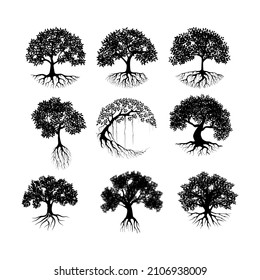 Collection tree and roots vector, tree with round shape isolated on white background