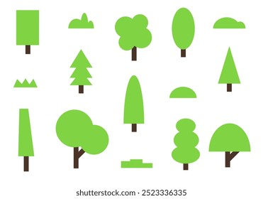 Collection of tree shapes in various sizes and styles. The trees are all green and have a natural, organic feel to them. Scene is peaceful and serene, as if the viewer is surrounded by a lush