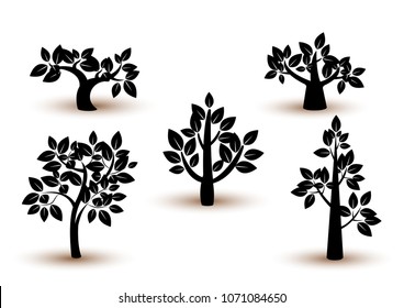 Collection  tree silhouette isolated on white background.