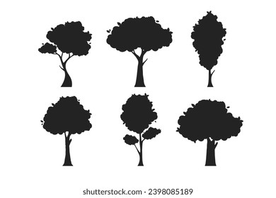 Collection of tree silhouette, nature or healthy lifestyle topics, flat vector illustrations.