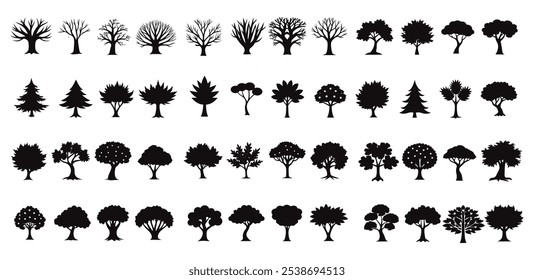 collection of tree silhouette vector art with black and white tree illustration