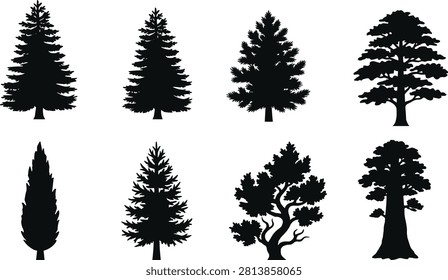 Collection of tree silhouette vectors featuring coniferous, broadleaf, twisted trunk, and rounded crown species