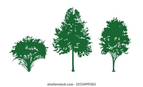 Collection of tree silhouettes. Bush, tree. Set of elements isolated on white background. Vector illustration.