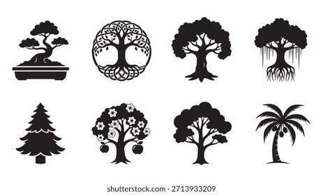 Una Colección de siluetas de árboles con un bonsái, un árbol celta y una palmera