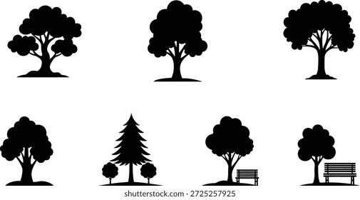 A collection of tree silhouettes featuring various tree types and foliage in black silhouette.