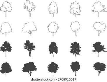 Collection of tree silhouettes and outline variations in multiple styles. Minimal line drawings and bold solid shapes offer versatile design options. Ideal for nature graphics, branding, 