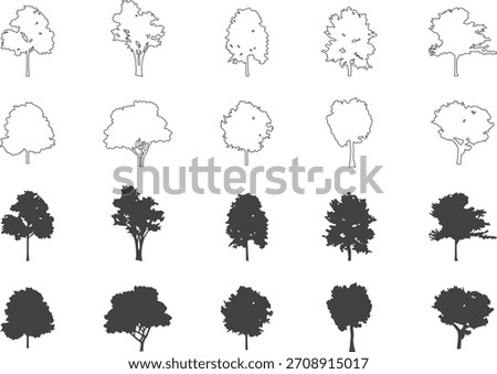 Collection of tree silhouettes and outline variations in multiple styles. Minimal line drawings and bold solid shapes offer versatile design options. Ideal for nature graphics, branding, 